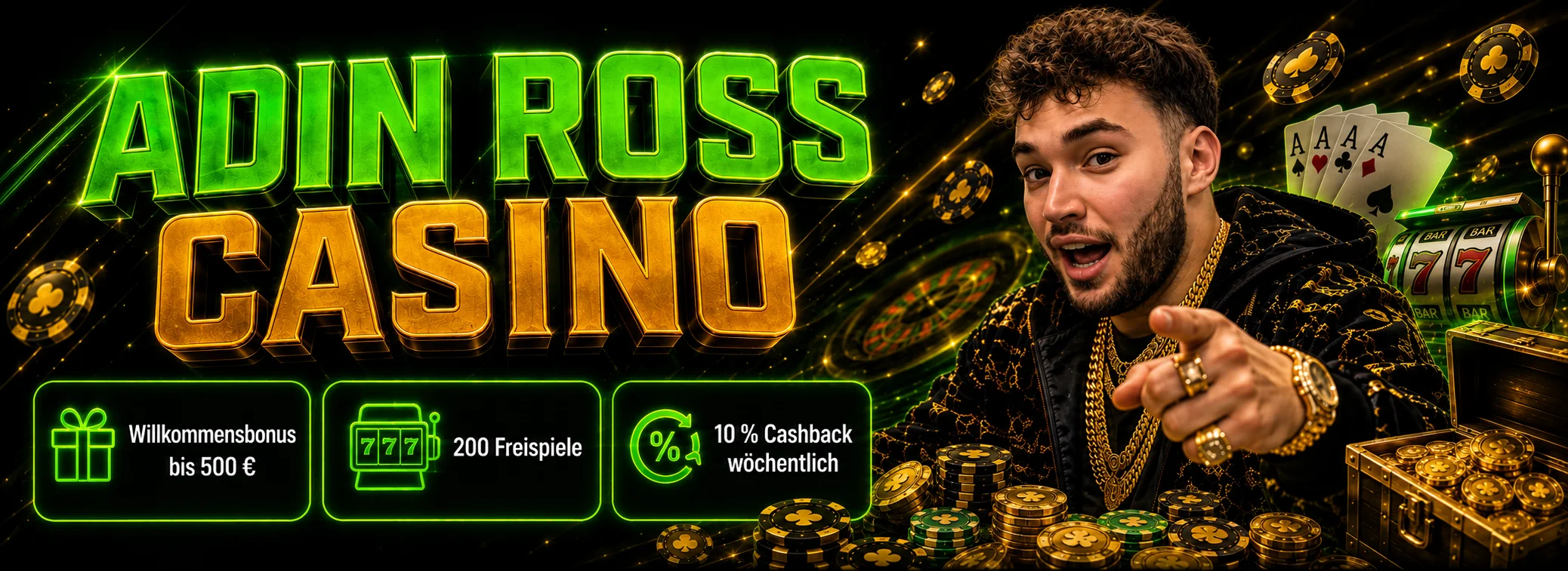Willkommensbonus von Adin Ross Casino: 100 Prozent bis 500 Euro plus 200 Freispiele auf Wanted Dead or a Wild